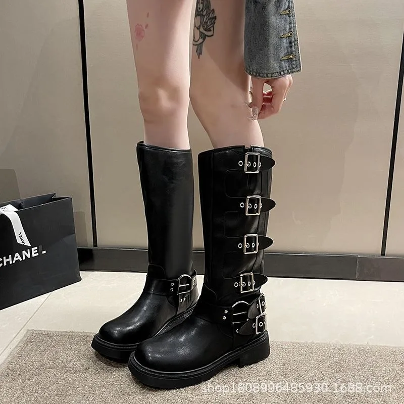 2024 New Knee High Platform Elegant Low Heel Trend Punk Gothic New Rock Leather Fashion Women's Boots Motorcycle Footwear