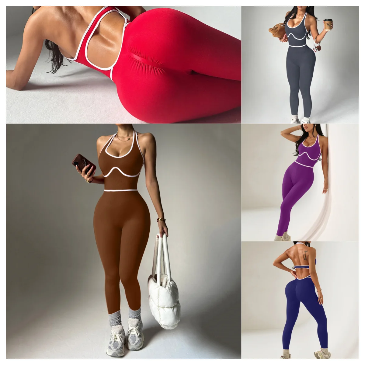

2PCS One-Piece Jumpsuit Pant Set Women's Yoga Workout Seamless High Waist Gym Bodysuit Fitness Red Sports Wear Set