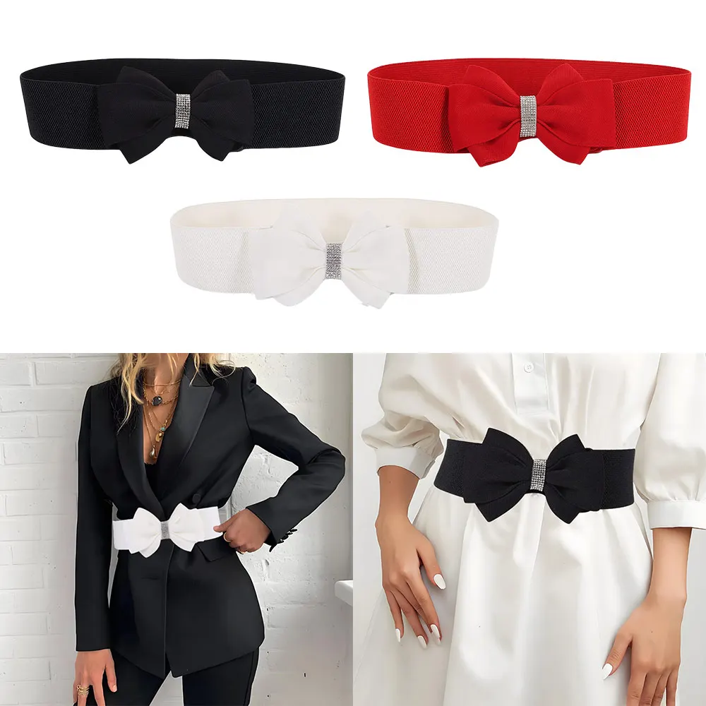 Adjustable Buckle Women's Elastic Wide Belt Plus Size Solid Color Elastic Bow Belt Rhinestone Stretch Belt