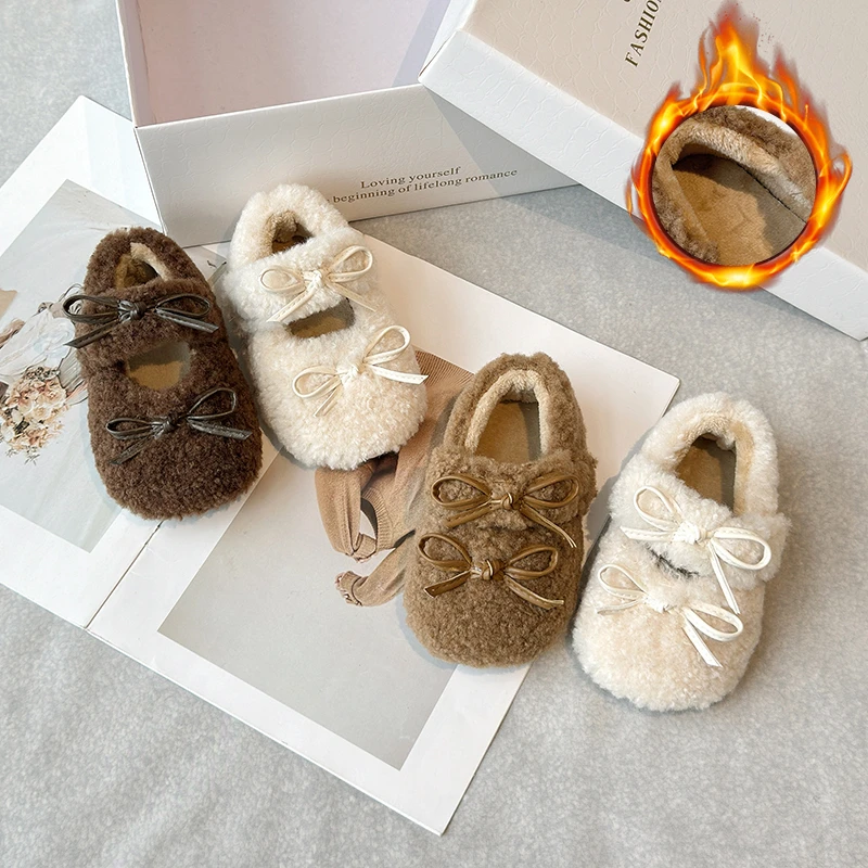 Toddler Girls Fuzzy Mary Jane Shoes, Bow Decor Warm Plush Baby Flats, Non Slip Soft Sole Winter Shoes for Daily Party