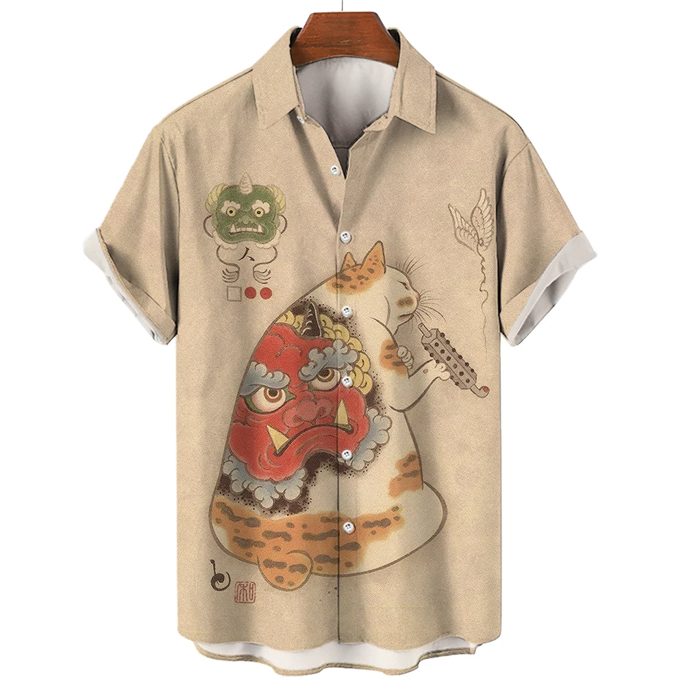 Camicia hawaiana per uomo giapponese Harajuku Cartoon Cat 3D Printe camicie animali estate manica corta camicia oversize vestiti Unisex