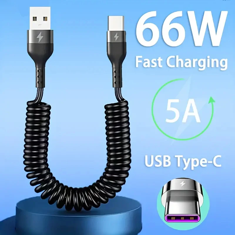 Retractable USB-C Cable 66W Fast Charger Data Wire Car Spring Type C Coiled Cable for Universal Android Pull Telescopic USB Cord