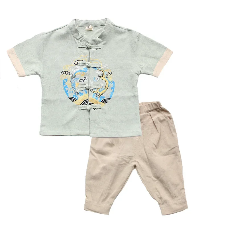 ชุดเสื้อผ้าเด็กผู้ชาย3สีแบบจีนกางเกง Hanfu เสื้อโค้ทตัวหลวม kemeja lengan pendek ผ้าฝ้ายสำหรับเด็กชุดจีนชุดประจำชาติ