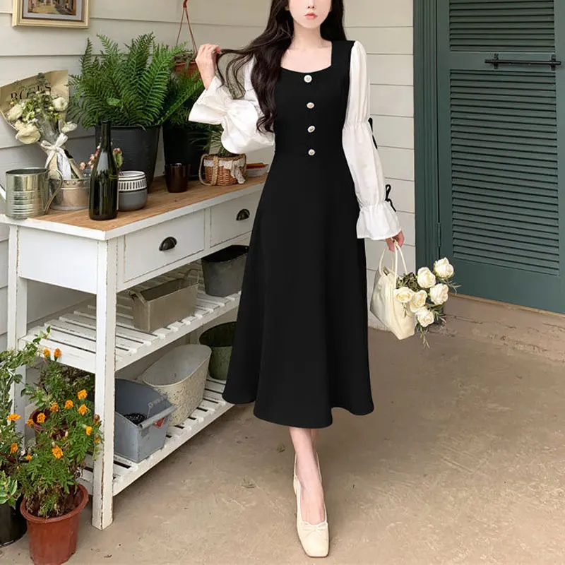 French Style Square Collar Dresses Female Clothing Patchwork Stylish Bow Spring Autumn Korean Commute A-Line Waist Midi Dress