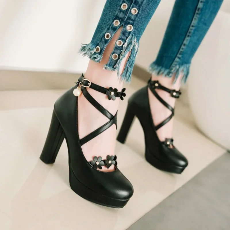 spring and autumn New styles fashion Round head high-heeled Women\'s Shoes Sweet flower Buckle Thick heel Women Shoes size 33-43