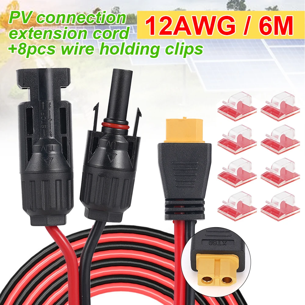 12AWG 6M XT60 Female Extension Cable Quick Connector+8PCS Cable Clips for Auto RV Motorcycle Solar Panel Battery Charging Cable