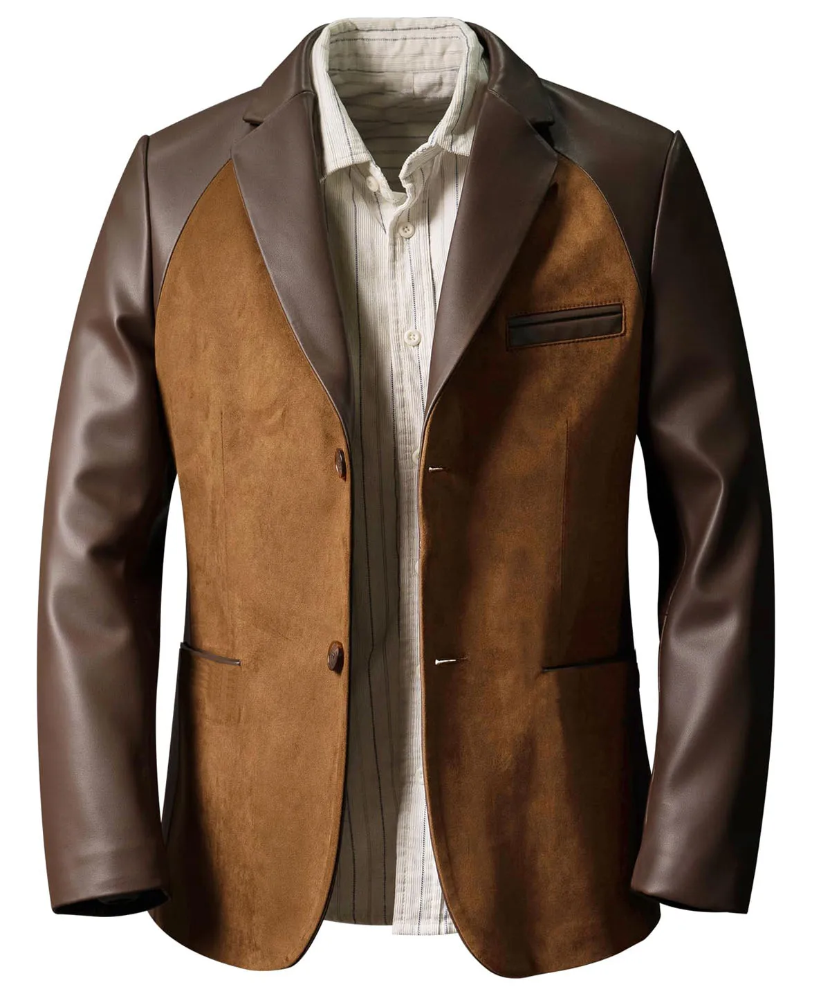 

Designer Classic Men's Suit Coat PU Splicing Notched Lapel Tuxedos Peaked Breasted Groom Wear Business Party Blazer Customized