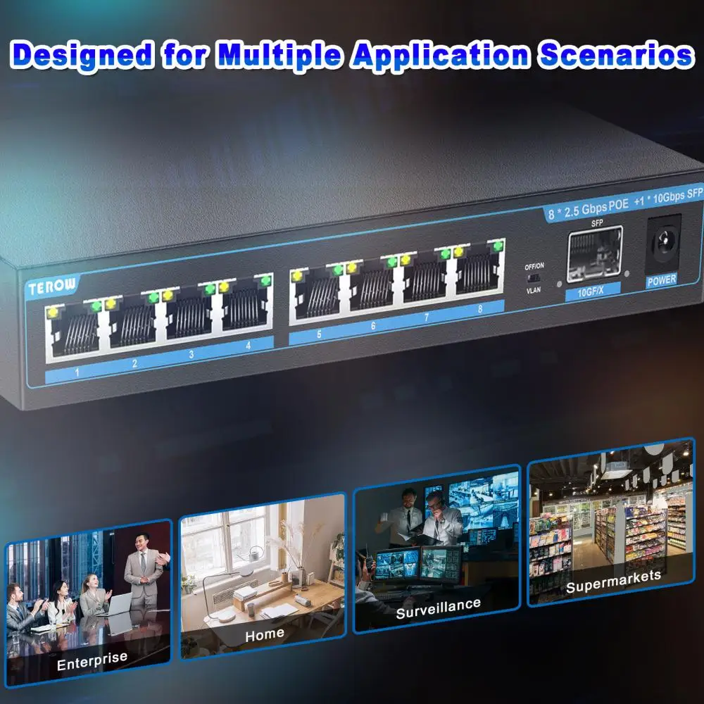 TEROW 2.5 Gigabit Switch 8 Port 2.5G POE Switch +1 Port 10G SFP Ethernet Network Switch Unmanaged LAN Hub for Wireless AP VDI