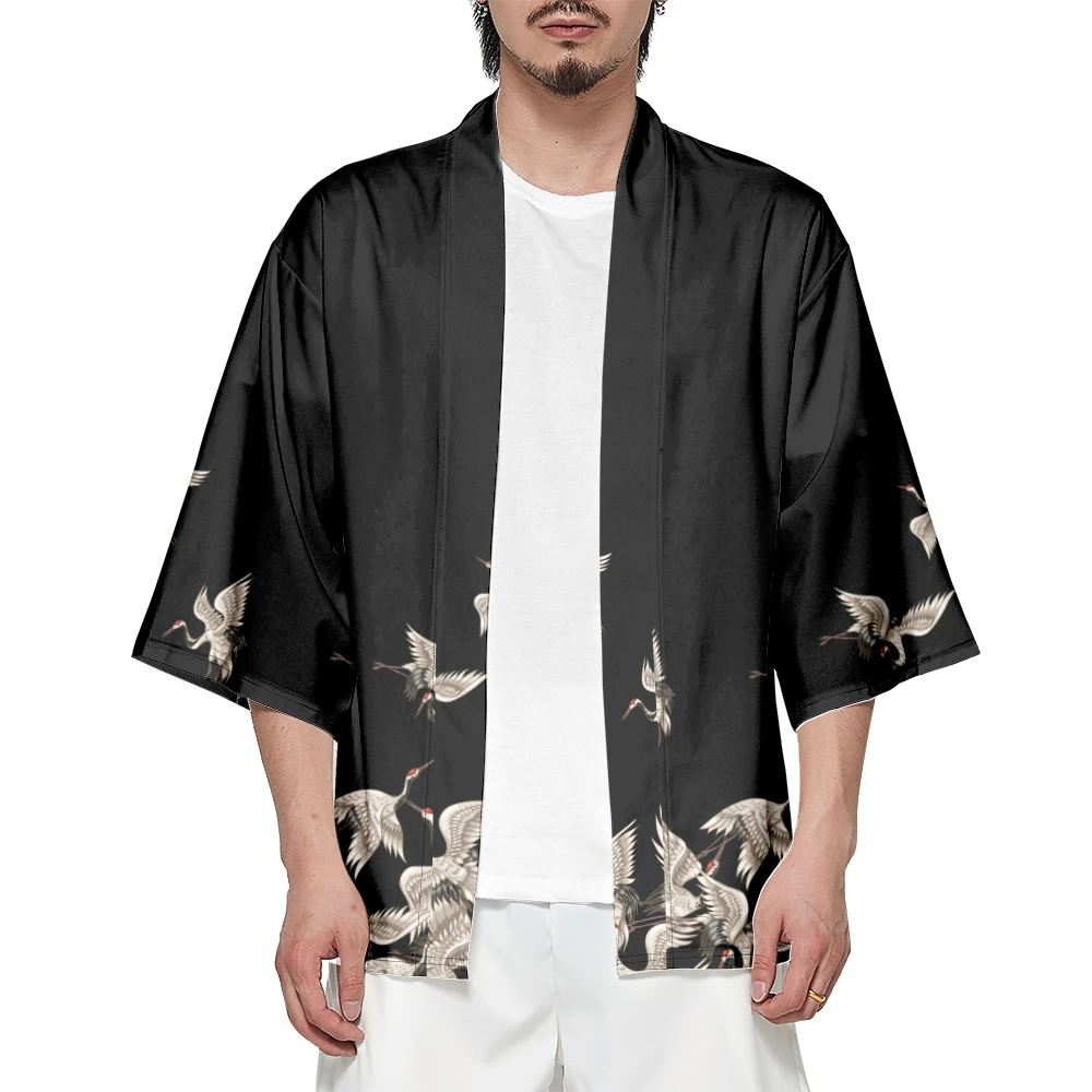 Yukata Kimono con estampado de grulla negra para mujer, cárdigan, ropa de calle japonesa, ropa suelta para hombre