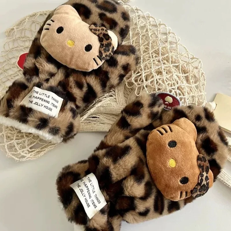 Gants en peluche chat Kt imprimé léopard pour filles pour garder au chaud en hiver épaissi pour le cyclisme et garder au chaud cadeau d'hiver pour les filles