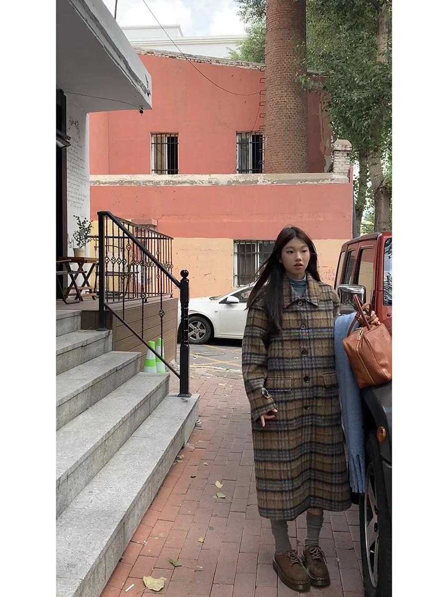 

Красное шерстяное пальто знаменитостей, женское осенне-зимнее длинное шерстяное пальто в клетку, верхняя одежда с воротником на одной пуговице, длинное све прямого кроя