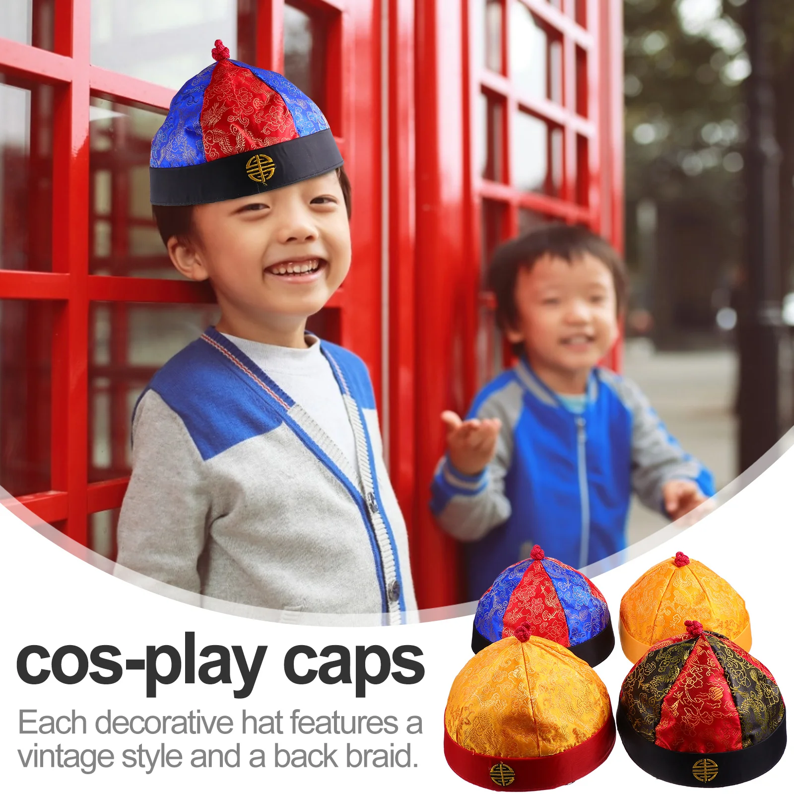 

4Pcs Exquisite Ancient Chinese Style Hats Glossy Brocade Decorative Headwear with Braid for Cosplay Costume Royal Events