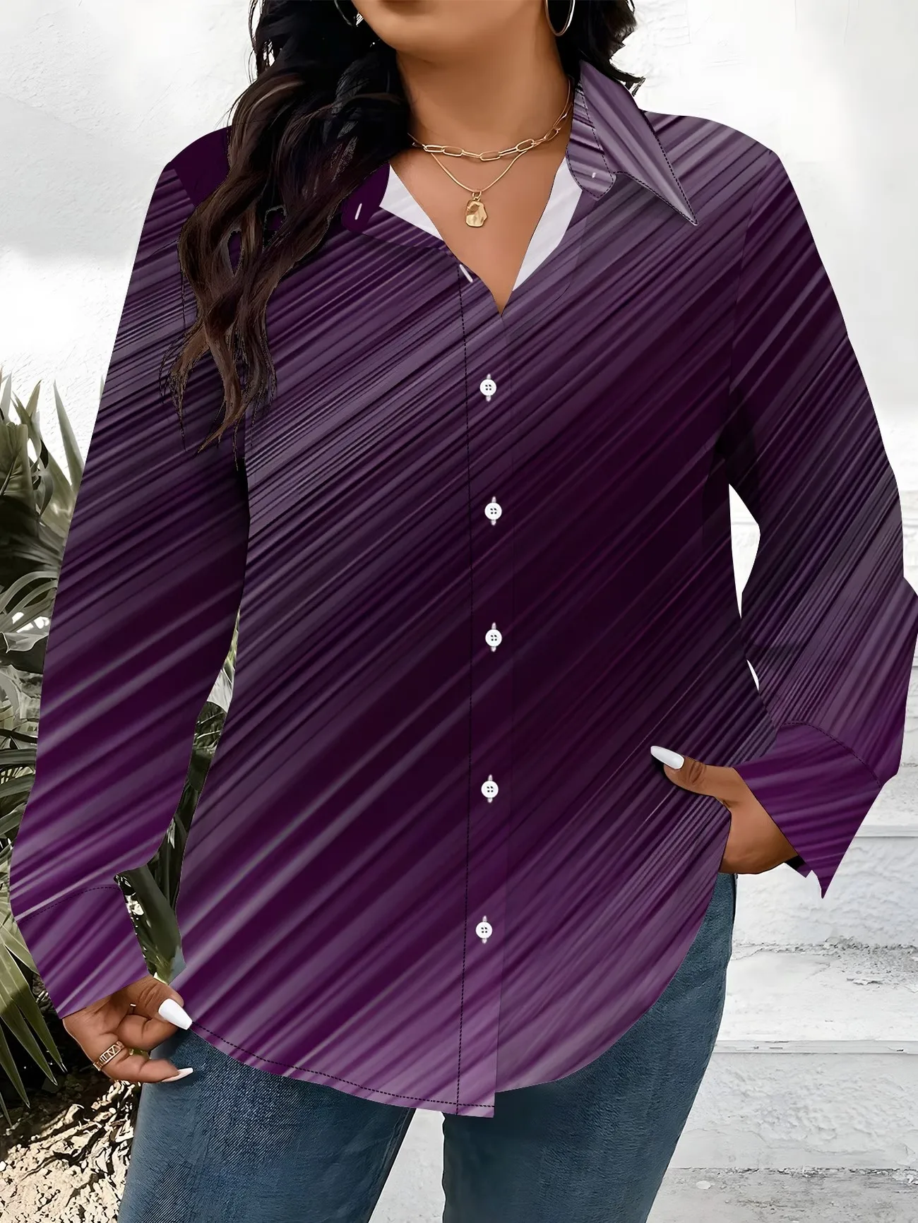 3D Color Gradient Stripe Print Long Sleeve Shirt Casual Button-Up Collar Spring Summer Fashion Personalized Top
