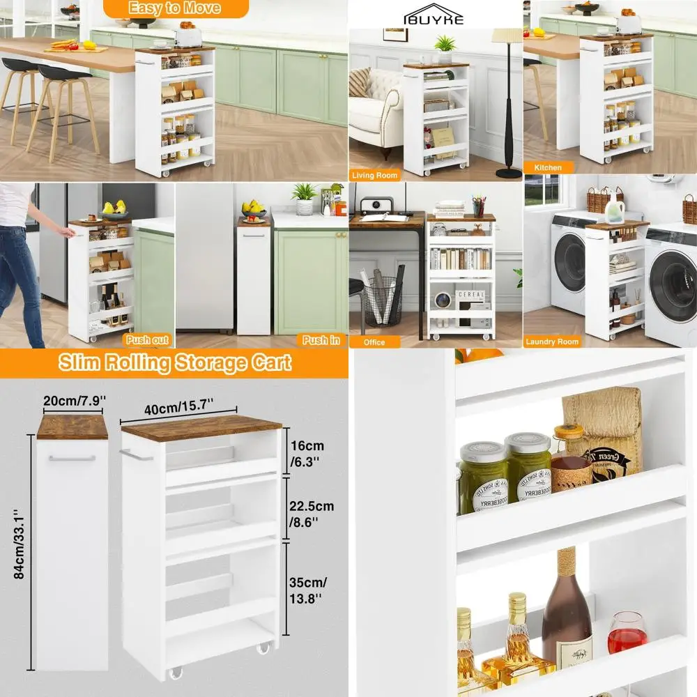 

Compact 4-Tier Rolling Storage Cart for Kitchen, Bathroom, and Laundry, White
