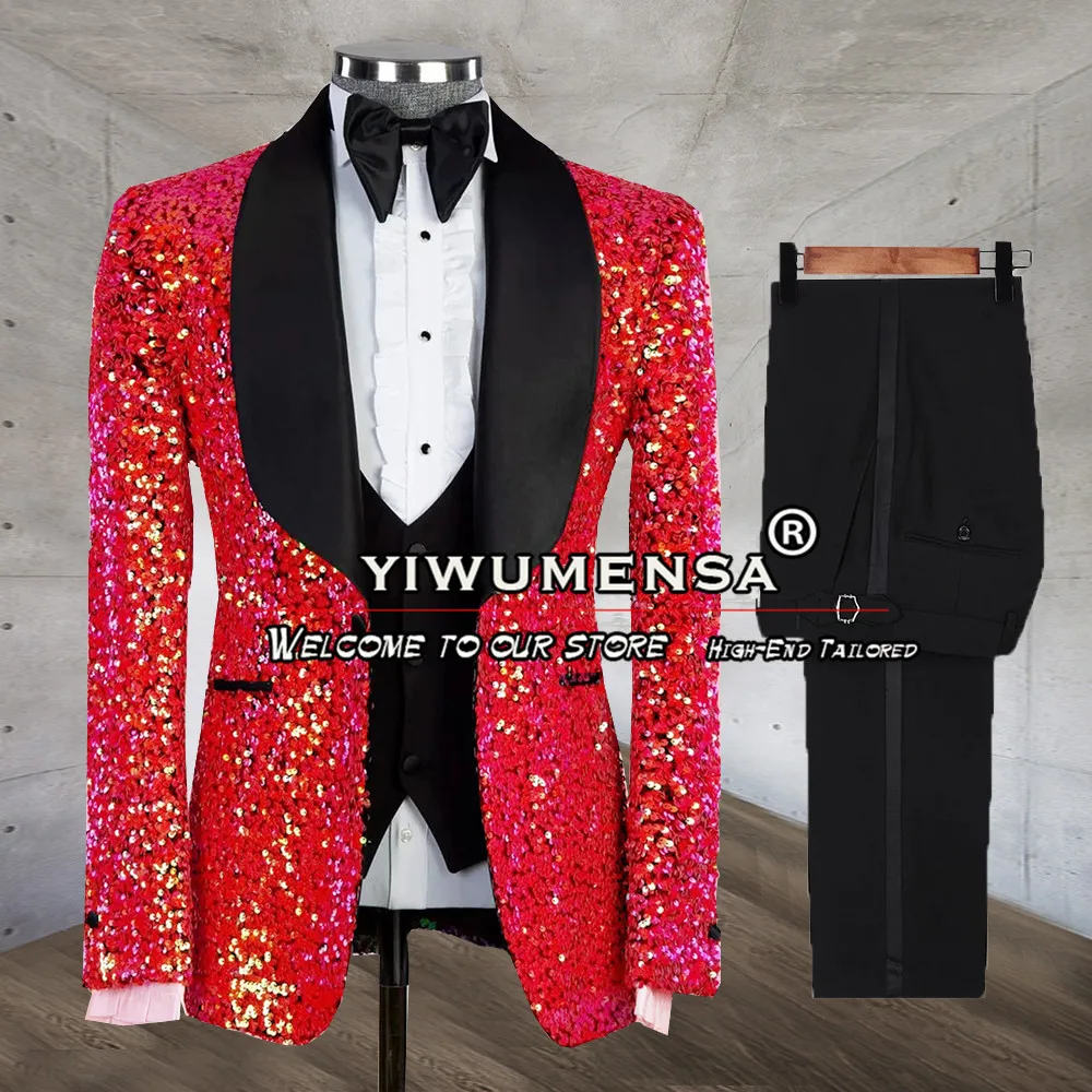 Elegant Male Fashion Suit Men Sliver Sparkly Sequined Blazer Formal Groom Prom Party Wedding Tuxedo Slim Fit Business Clothing