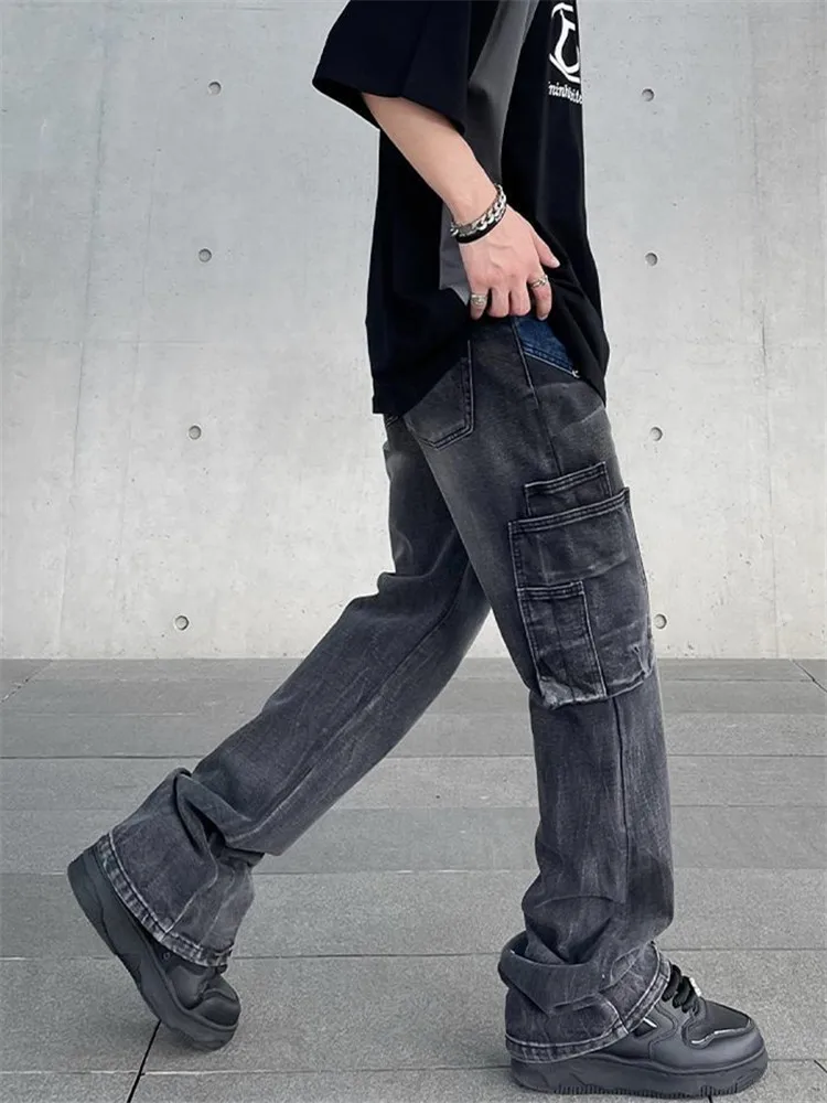 High Street Jeans Men's Clothing Patchwork Color Contrast Bell Bottoms Button Multi-pocket Trousers A009