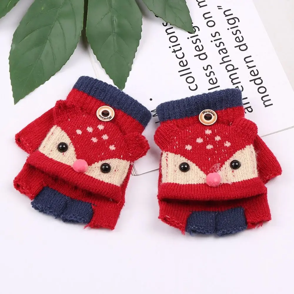 3-6 Years Thicken Kids Knitted Gloves Flip-Open Warm Winter Warm Mittens Cartoon Plus Velvet Fingerless Gloves for Baby Kids