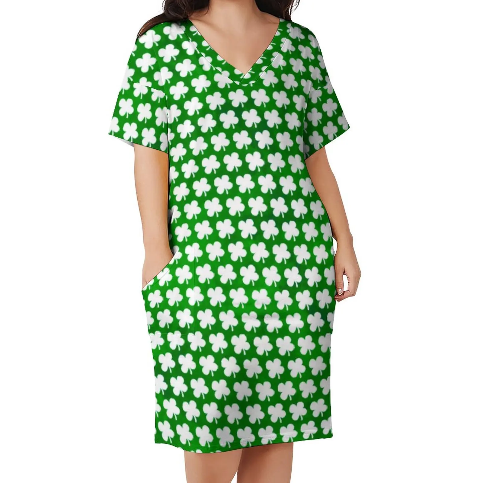 St Patricks Day Dress V Neck Four Leaf Lucky Shamrock Retro Dresses Street Style Print Casual Dress With Pockets Big Size 5XL