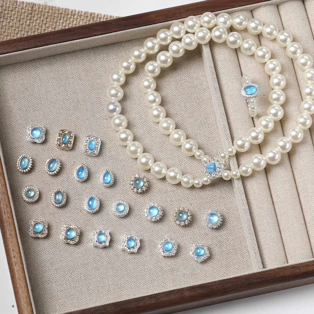 5 Pieces Copper Gold-plated Inlaid with Sea Blue Zircon High-end Bead DIY Pearl Necklace Bracelet Jewelry Accessories Wholesale