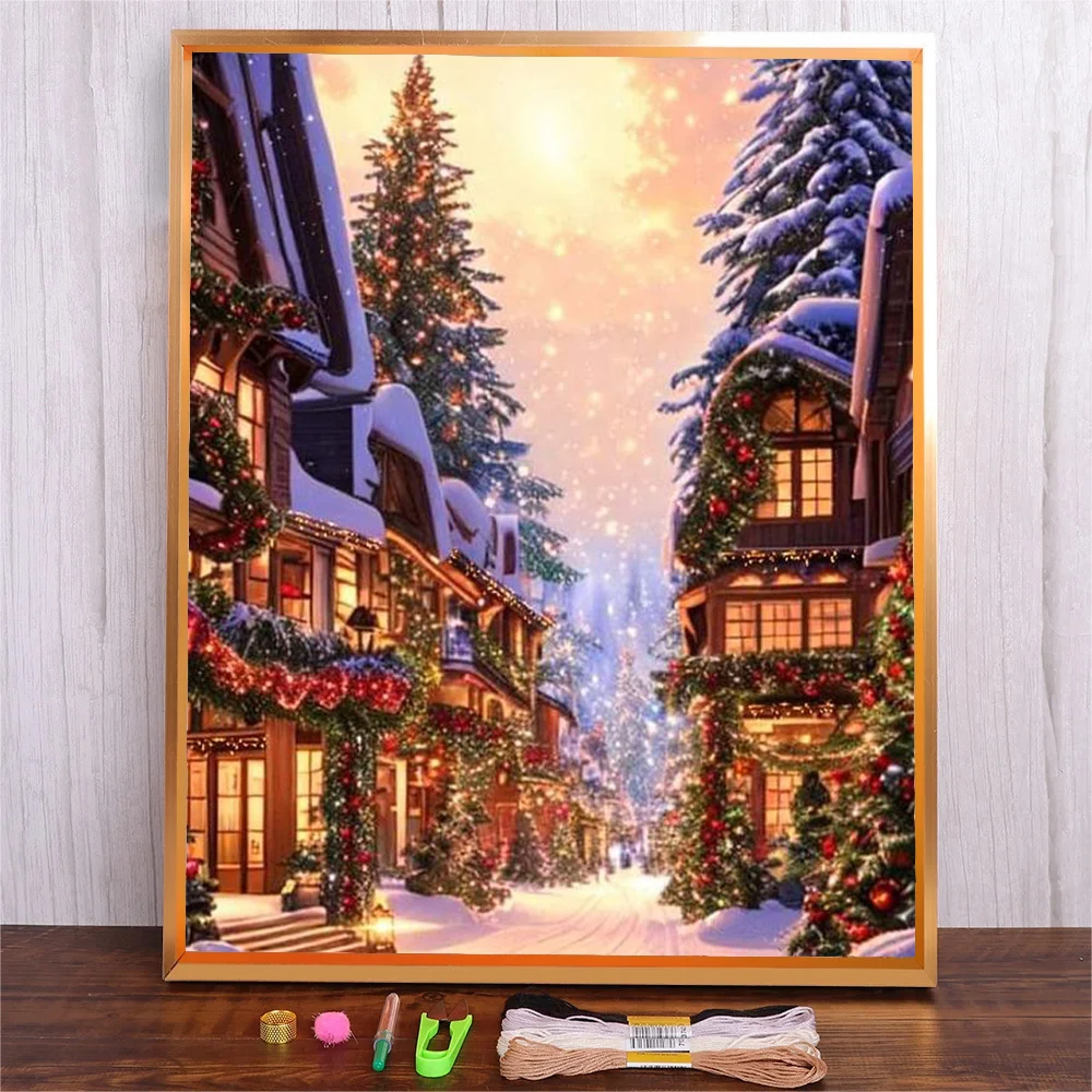 

Christmas Embroidery Cross Stitch Snow Town Scene Crafts Kits Adults Needlework Beginner Kit With Instruction Home Room Decor