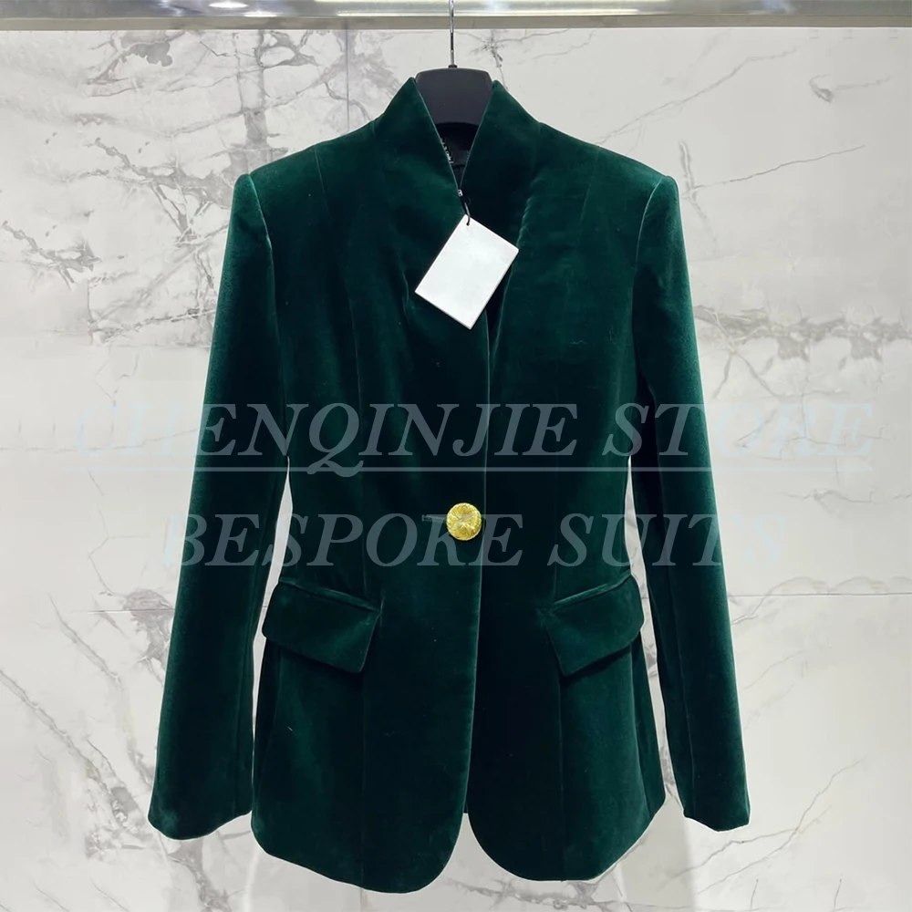 

Fashion Green Velvet Women's Blazer Luxury One-Button Regular Length 1 Piece Jacket HIgh-end Female Clothing Evening Outfits