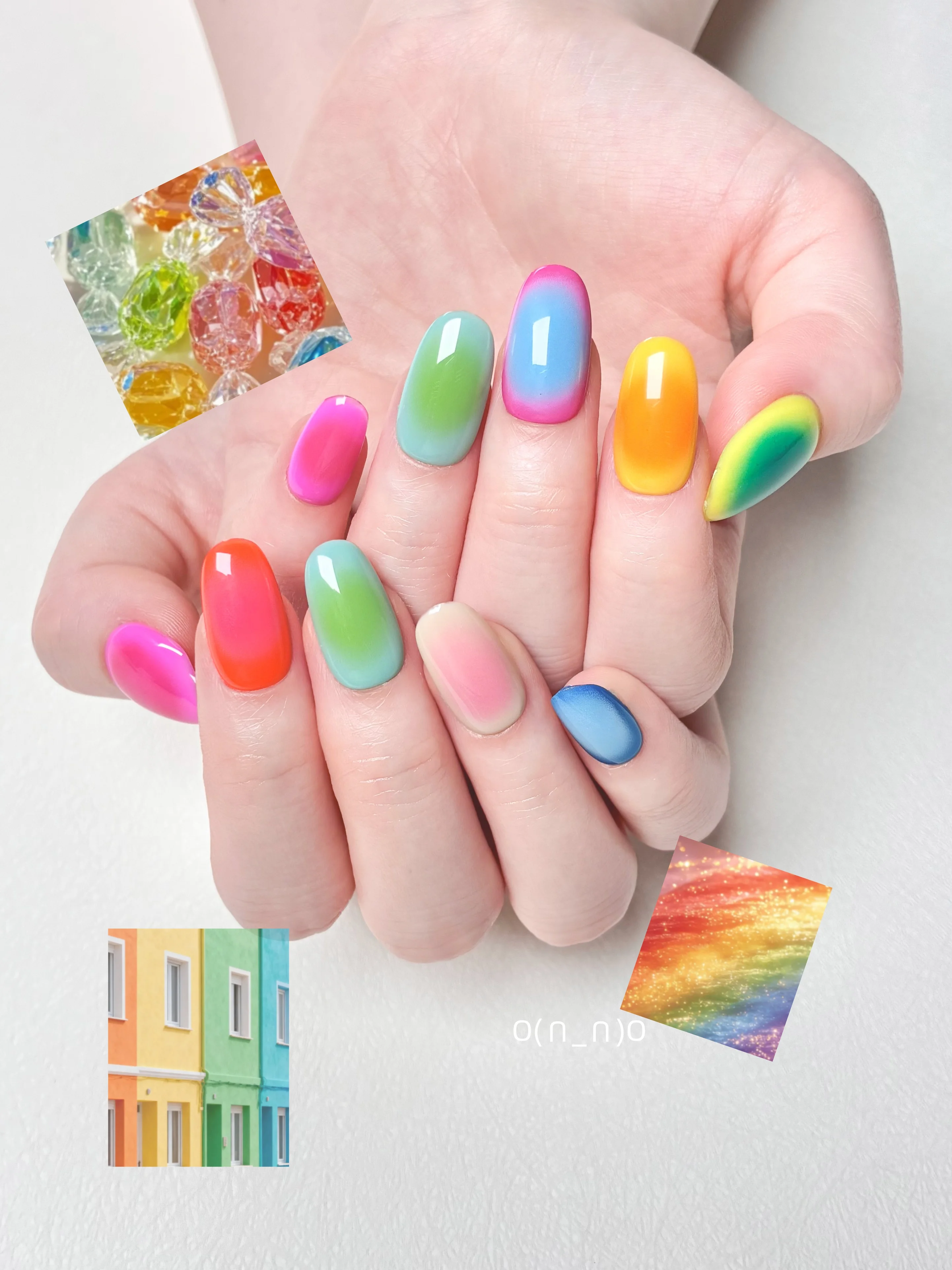 10pcs Handmade Neon Gradient Solid Press On Nails Short Oval Trendy Y2K Fake Nails Full Set False Nails