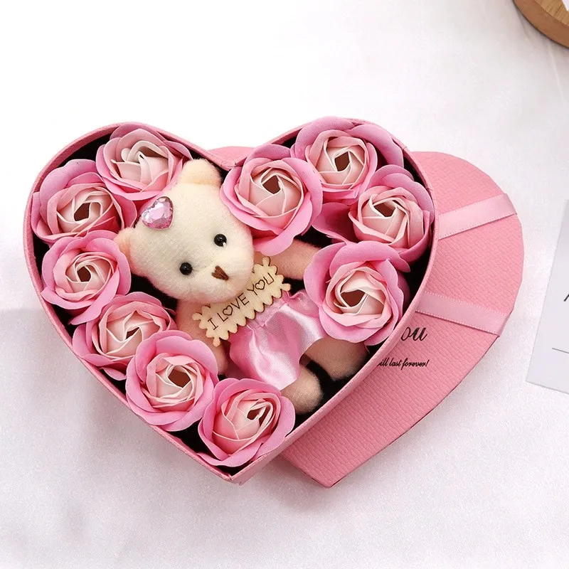 

Romantic Heart-Shaped Rose Gift Box with Cute Bear Artificial Roses - Perfect for Valentine's Day And Weddings