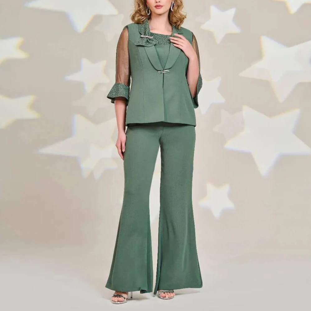 Customized 3 Pieces Mother of the Bride Outfit with Half Sleeve Flared Trousers Wedding Guest Pant Suit Sets