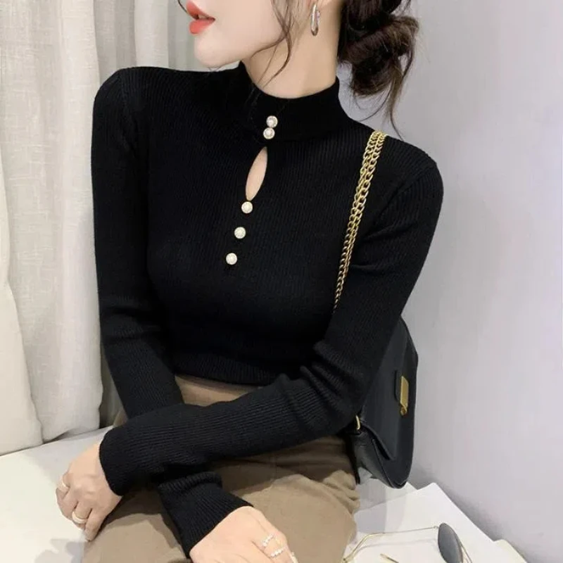 

Autumn New Long Sleeve Hollow Out Slim Bottoming Shirt Solid Simplicity All-match T Shirt Tops Elegant Vintage Women Clothing