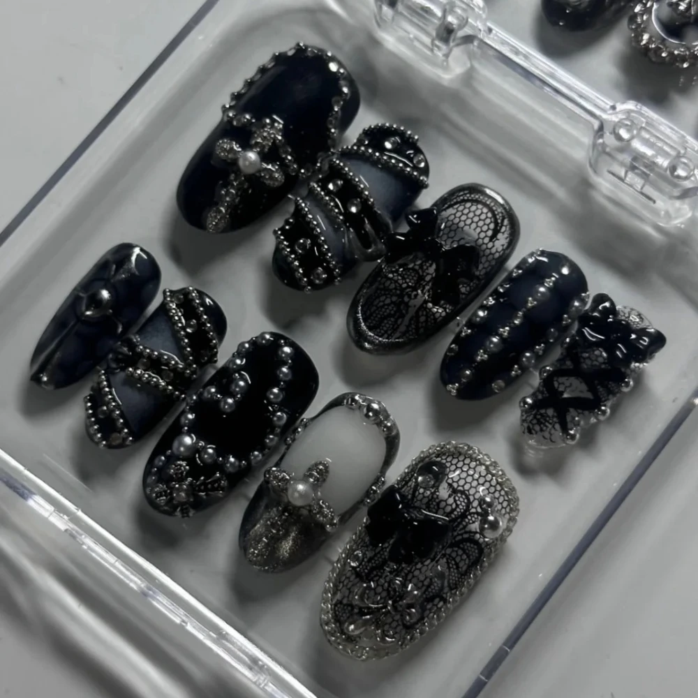 10 pçs artesanal imprensa em unhas 2024 novo preto francês 3d limitado médio longo oval unhas falsas design arte diy unhas com conjunto