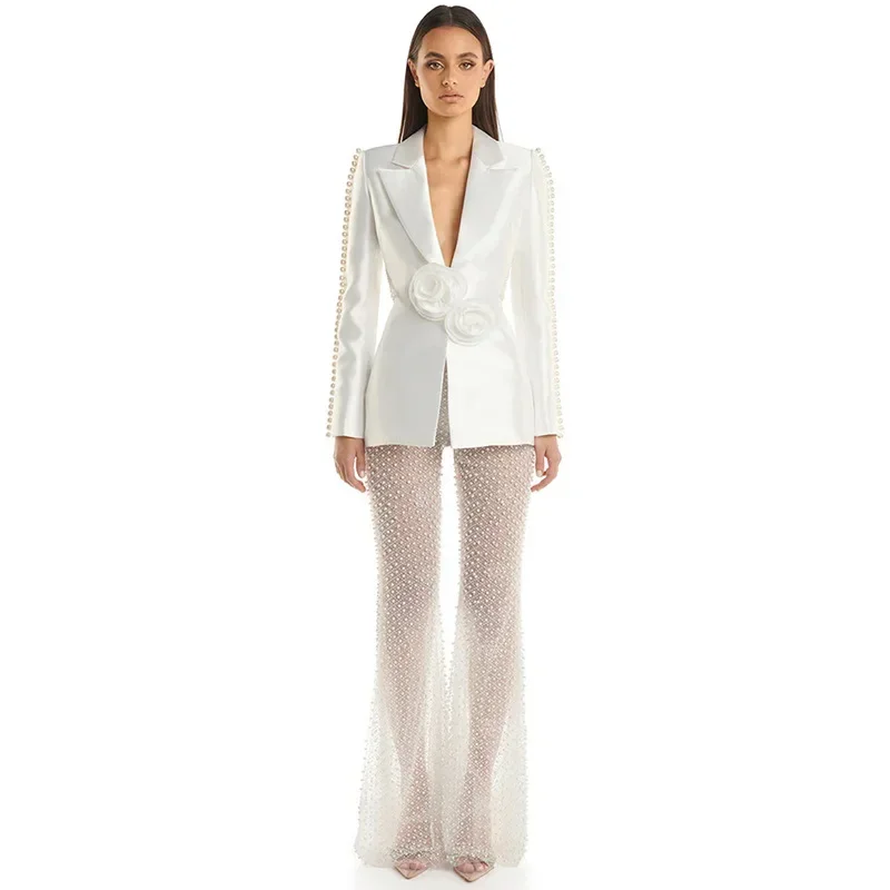 Pearls White Women Suits Set Sexy Hollow Blazer Female Pants Spring Office Lady Business Work Wear Wedding Coat Prom Dress