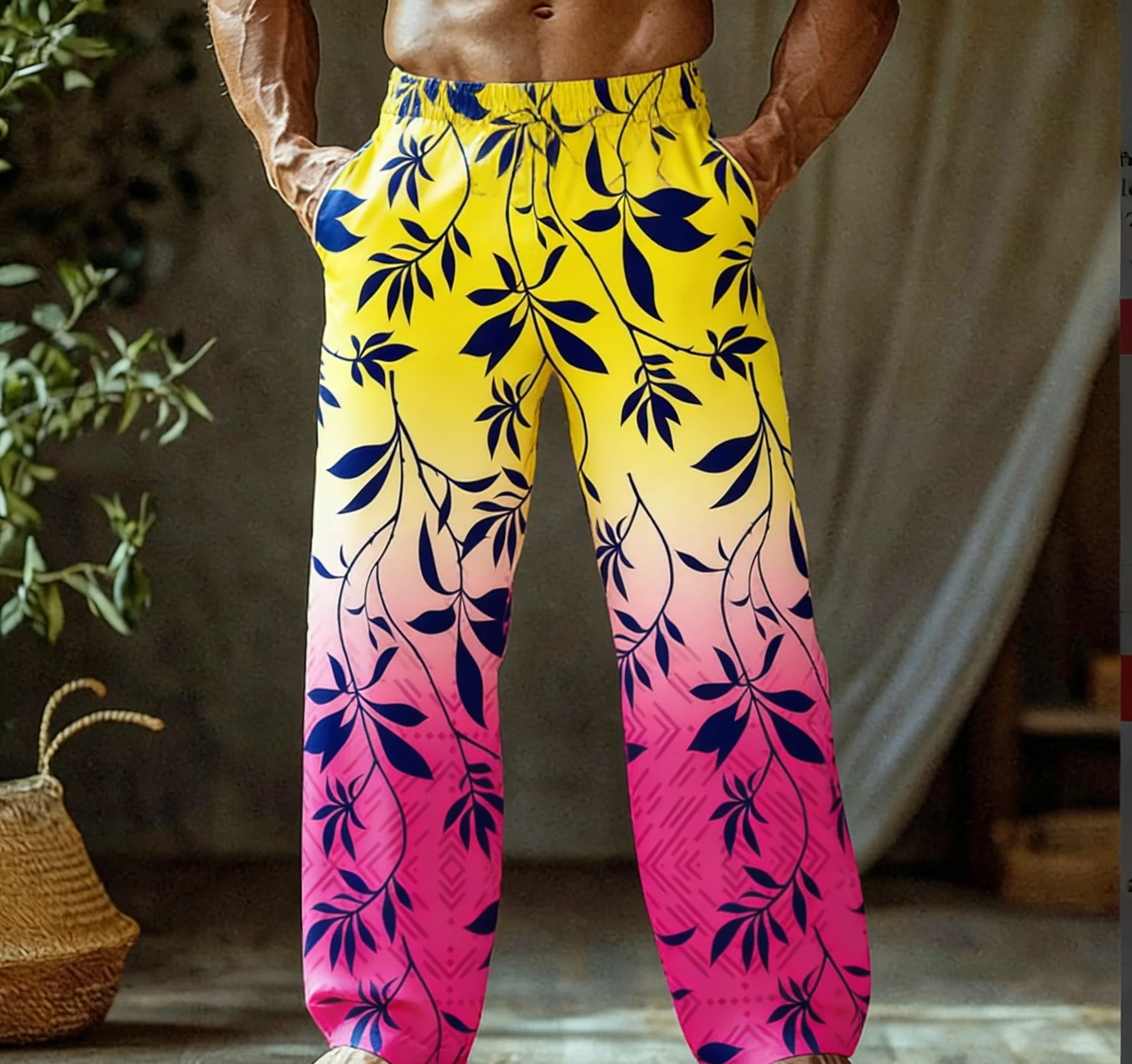 Men's Summer Thin Quick-Dry Hawaiian Beach Pants, Geometric/Tribal Pattern Ethnic Style Wide-Leg Pants