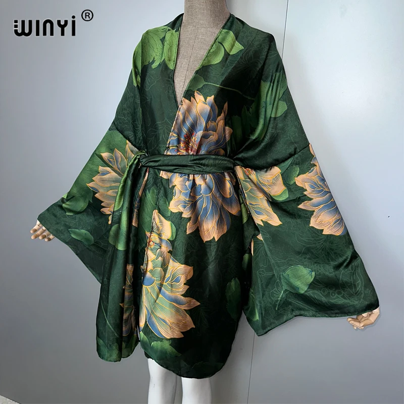 WINYI البوهيمي طباعة كيمونو ملابس الشاطئ النساء لباس سباحة التستر ماكسي سترة غرزة حزام الذاتي عطلة كم طويل طباعة معطف