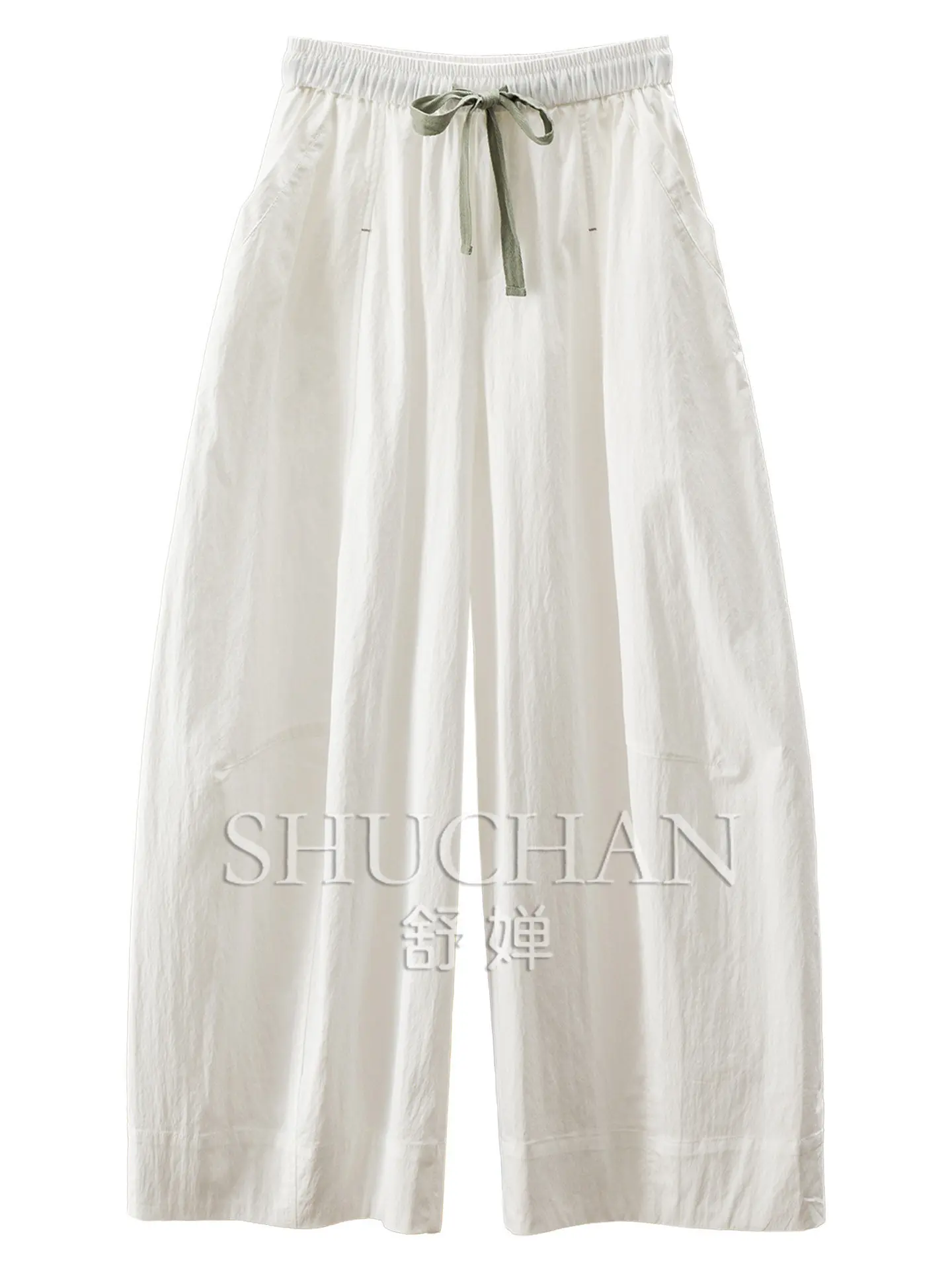Magical Hidden Leg Type Pant High Waist Contrasting Color Drawstring Cotton Nine-point Wide-leg Sickle Pants Women's 77M7