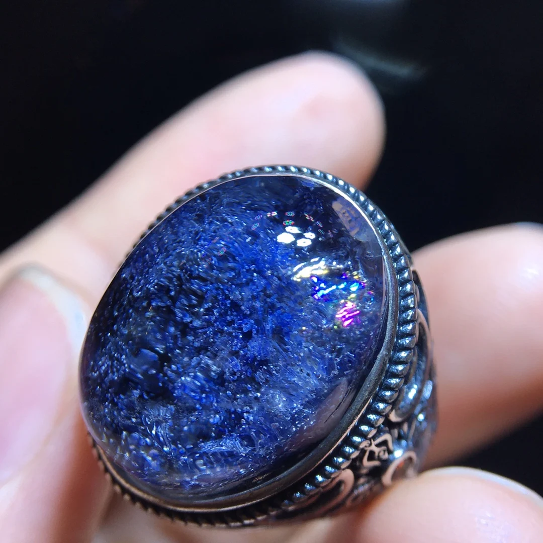 

Natural Blue Rutilated Dumortierite Quartz Adjustable Ring 19.2/14.6mm BIg Size Oval Woman Men Ring Jewelry AAAAAAA