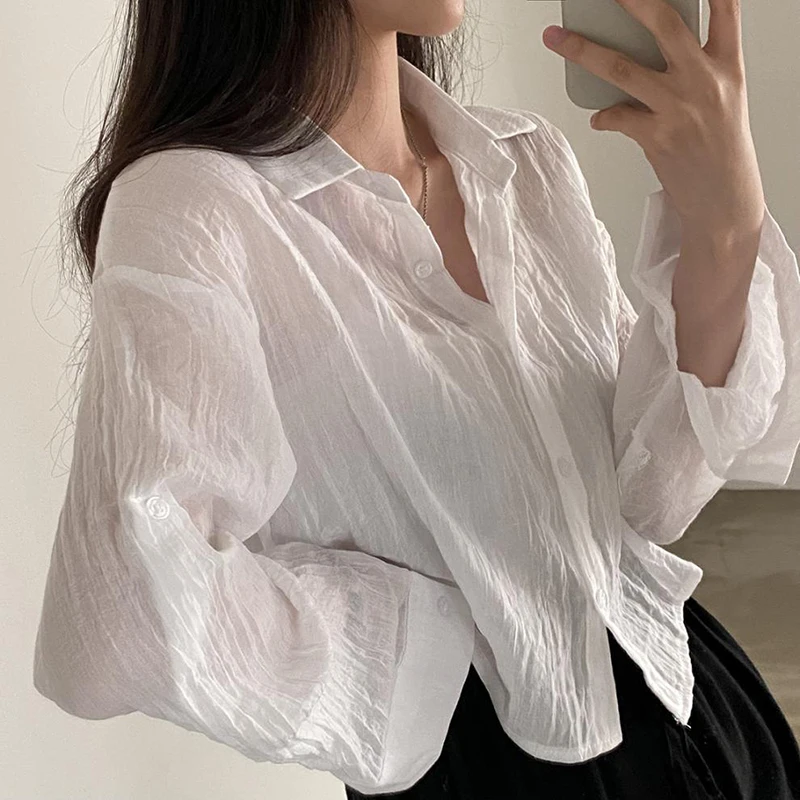 

Gidyq Korean Sexy Translucent Shirt Women Fashion Folds Loose Long Sleeve Sun Proof Clothes Summer All Match Cropped Tops New