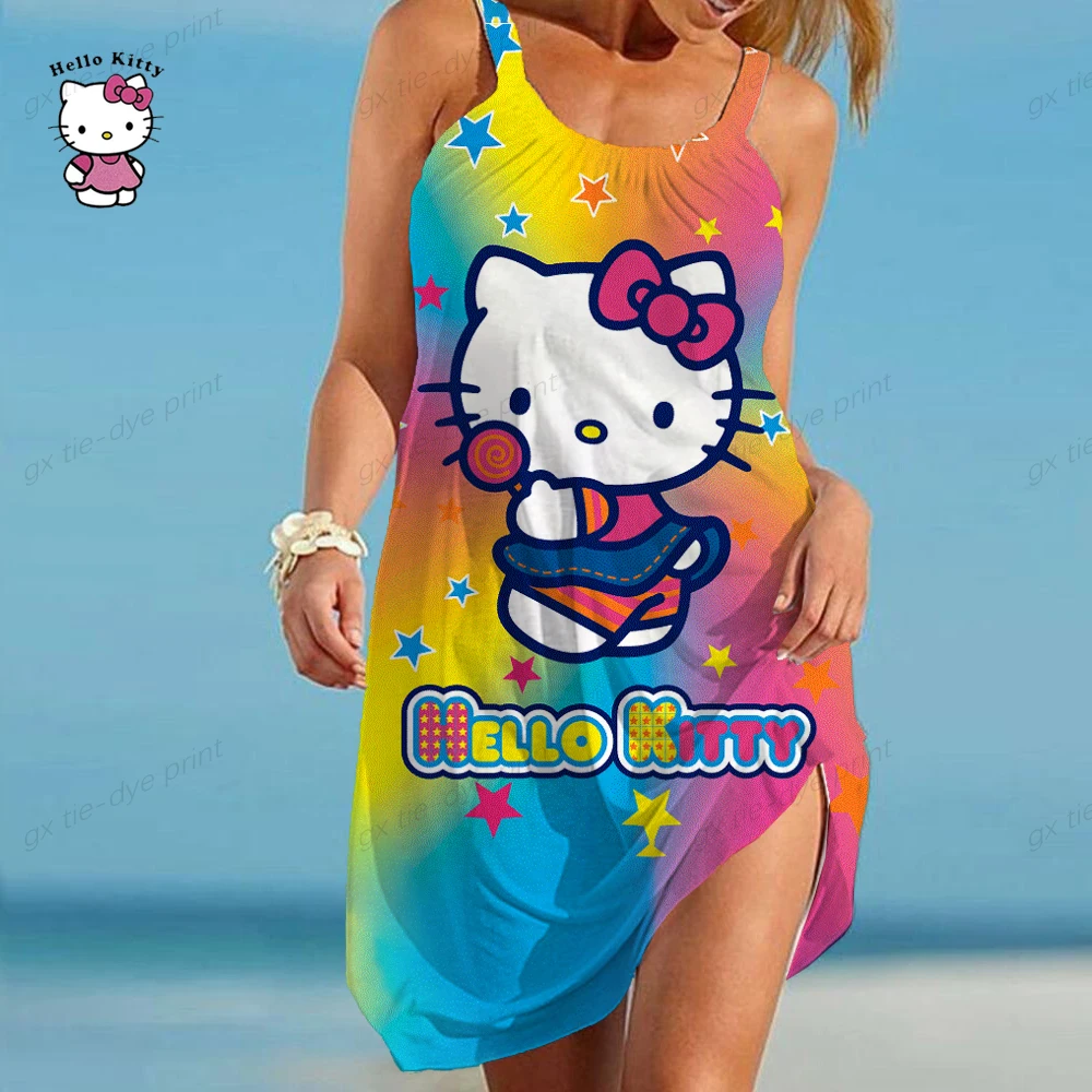 Elegant Dress for Women Sexy Hello Kitty Women\'s Dress Sling Summer Woman Beach Boho Loose Print Hello Kitty Fashion Girl