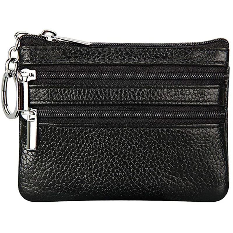 Fashion Women Genuine Leather Coin Purse Small Zipper Card Holder Mini Pouch Change Wallet with Keychain