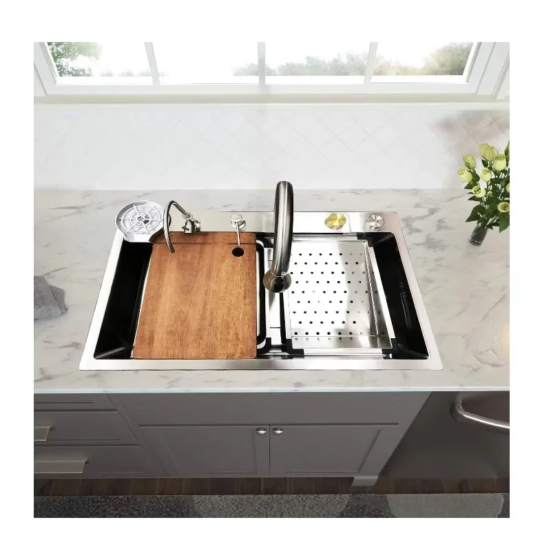 

【Лучшие продажи】Кухонная мойка с водопадом под столешницей, одна чаша, кухонная мойка из нержавеющей стали, рабочая станция, кухонная мойка