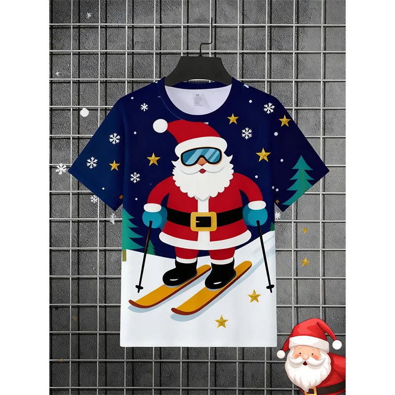 

Милая футболка в мультяшном стиле для детей с 3D принтом, веселый рождественский круглый вырез, футболки с короткими рукавами для мужчин, Рождество, с Новым годом