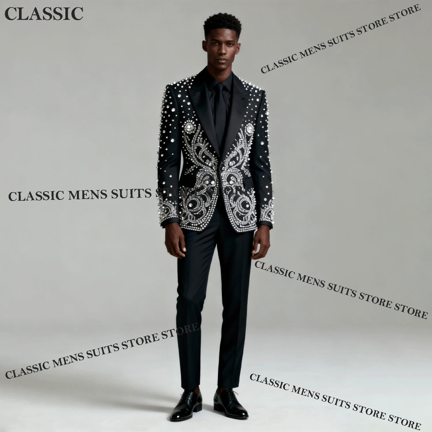 Customized Luxury Tuxedos Men Suits Sparkling Diamond Decoration Peaked Lapel Groom 2Pieces Sets Wedding Male Prom Blazers suits