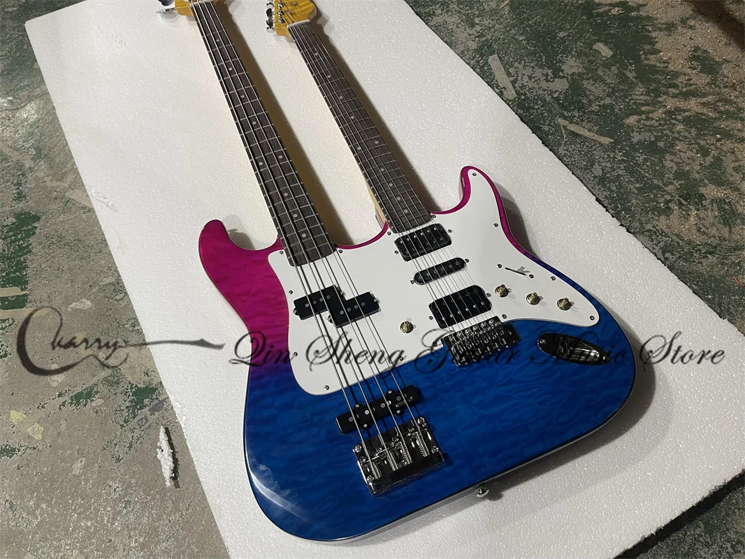 

Double Neck Electric Guitar Squilted Maple Top Pink Blue Body Flamed Maple Neck 4 String Bass 6 Strings Guitar Factory Custom