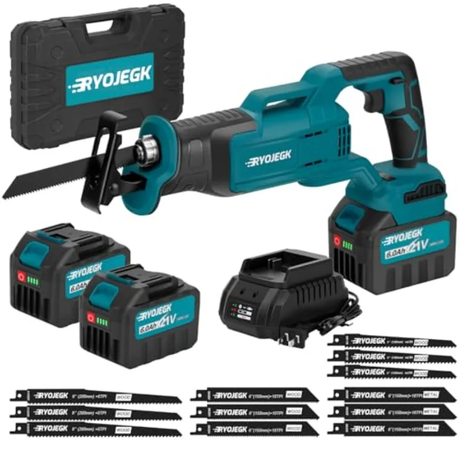 

21V Brushless Reciprocating Saw2×6.0Ah Battery Cordless Power Sawzaw 28mm 3500 SPM High-Performance Saws with 12 Saw Blades Rec