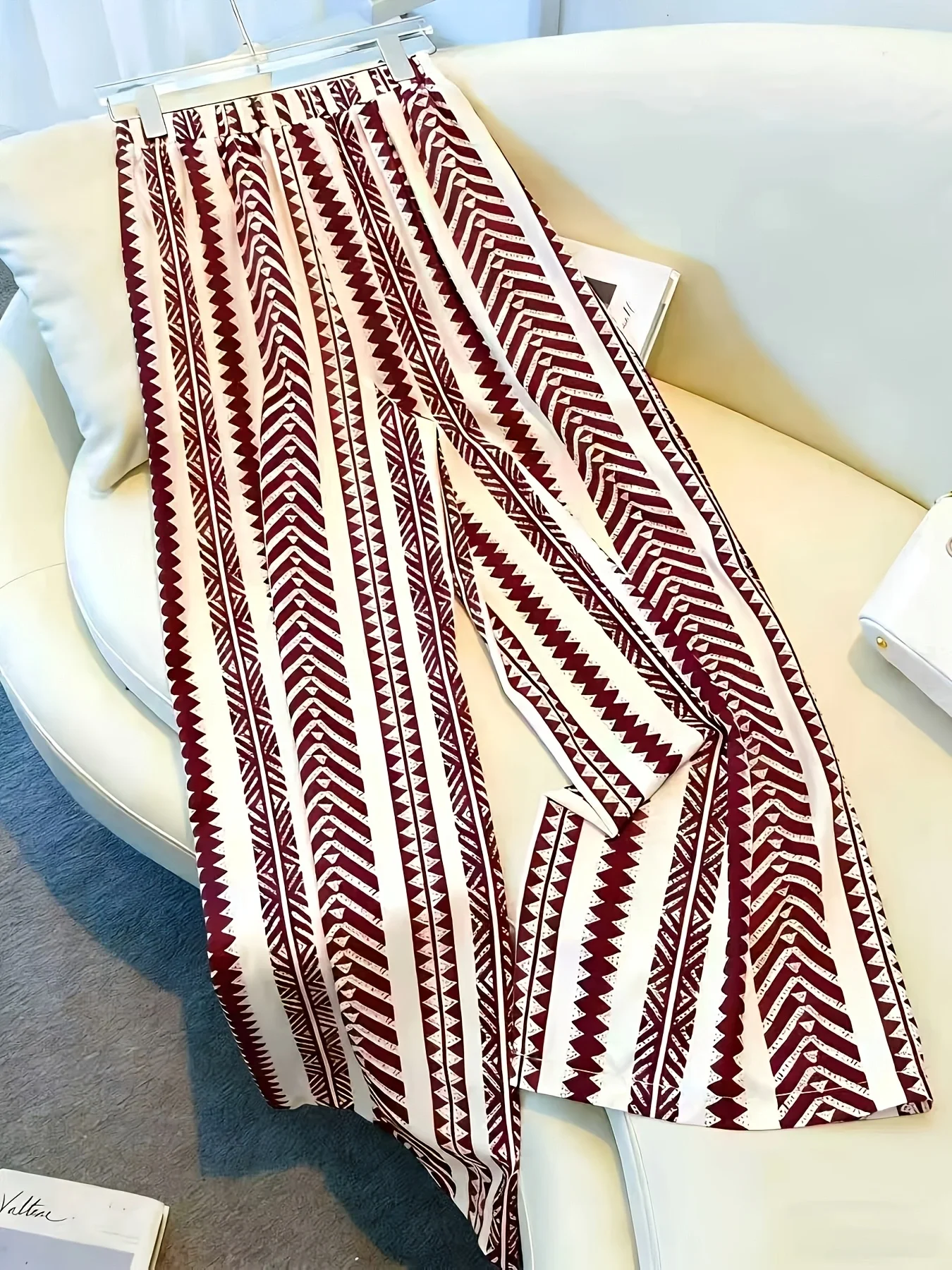 Burgundy Geometric Arrow Tie-Waist Wide Leg Pants, Ethnic Style, Drapy Casual Trousers
