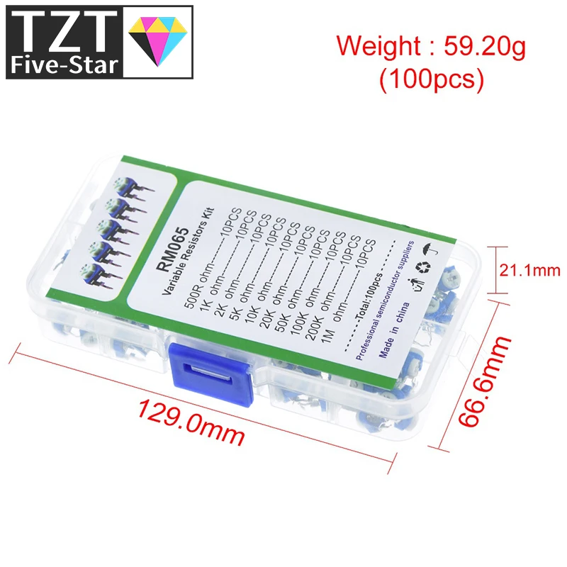 Imagem -02 - Carbon Film Horizontal Trimpot Potenciômetro Variedade Kit 10 Valores Resistor Variável 500r1m Rm065 100 Pcs por Caixa