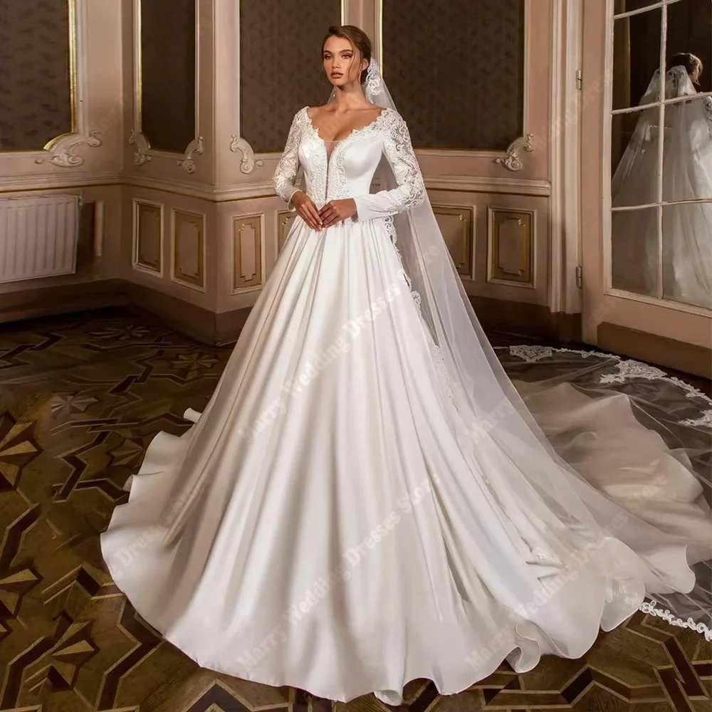 

Fascinating Women A-Line Wedding Dresses Sexy V-Neck Long Sleeves Bridal Gown Engagement Banquet Robes De Mariee 2026 Customized