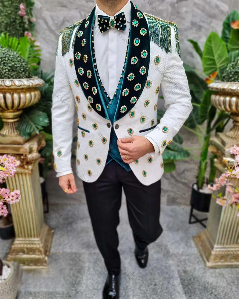 

White Men Suit Set 3 Piece Vest+Blazer+Cotton Pants Luxury Crystals Wedding Tuxedo Formal Office Business Customized Jacket