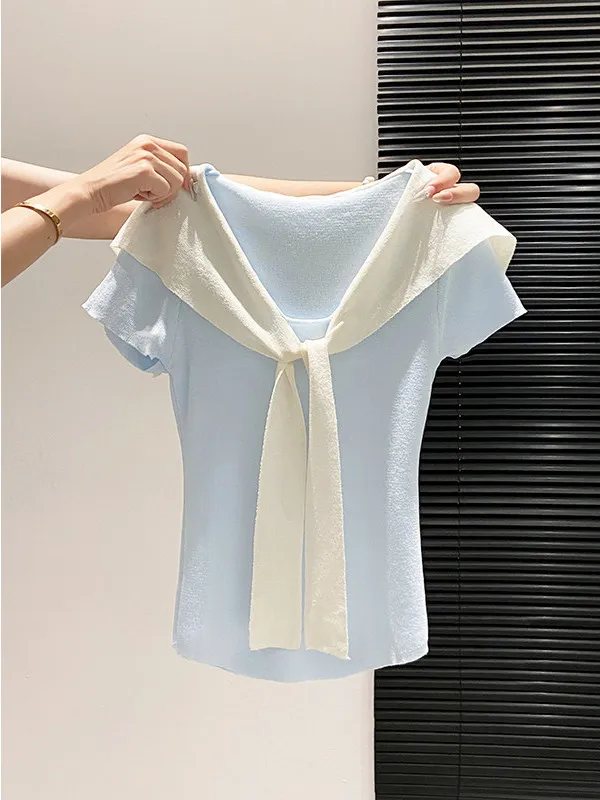 

Women's V-Neck Short Sleeve Knitted Sweater Summer New Style Gentle Slimming Commute Top Trendy Korean Style Casual Wear