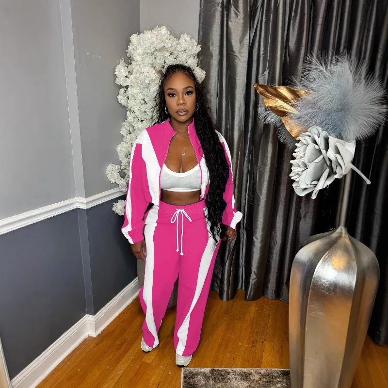 

Women Loose Tracksuits Color Block Long Sleeve Zipper Jacket Tops + Straight Pants Fashion Casual Sporty Suits Streetwear