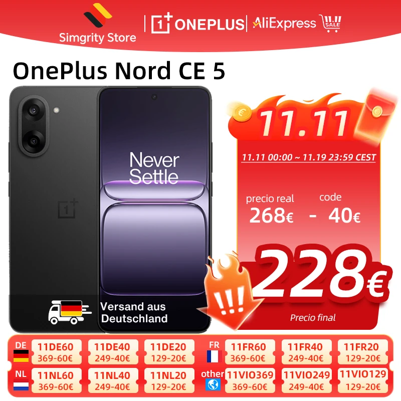 Smartphone OnePlus Nord CE 5 5G 8 Go + 256 Go, MediaTek Dimensity 8350 Apex, écran 6,77 pouces 120 Hz, résolution 2392 × 1080, batterie 7100 mAh 80 W SUPERVOOC, appareil photo 50 Mpx EIS/OIS, Android 15, WiFi 6, Bluetooth 5.4, Navic/GPS/GLONASS/BDS/Galile Smartphone OnePlus Nord CE 5 5G 8 Go + 256 Go, MediaTek Dimensity 8350 Apex, écran 6,77 pouces 120 Hz, résolution 2392 × 1080, batterie 7100 mAh 80 W SUPERVOOC, appareil photo 50 Mpx EIS/OIS, Android 15, WiFi 6, Bluetooth 5.4, Navic/GPS/GLONASS/BDS/Galile